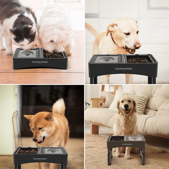 Vulpes Goods® Pets - Bol à nourriture pour chien avec support - Bol à boire pour chien anti-éclaboussures - Bol anti-mâchouillement pour chien - Bol à nourriture surélevé - 4 hauteurs - Mangeur lent - Double - Noir