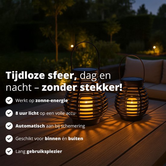 FlinQ Solar Bottassano Lampe de table pour l'extérieur - Lanterne de jardin à Led solaire - Lanterne de jardin avec capteur jour/nuit - Eclairage de jardin solaire - Eclairage d'extérieur - Lot de 2 lanternes