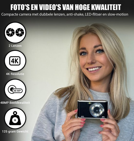 K&L Digital Camera 4K - Appareil photo - Caméra photo - Caméra compacte - Caméra Vlog - Pour les enfants - 64GB inclus - NL Software