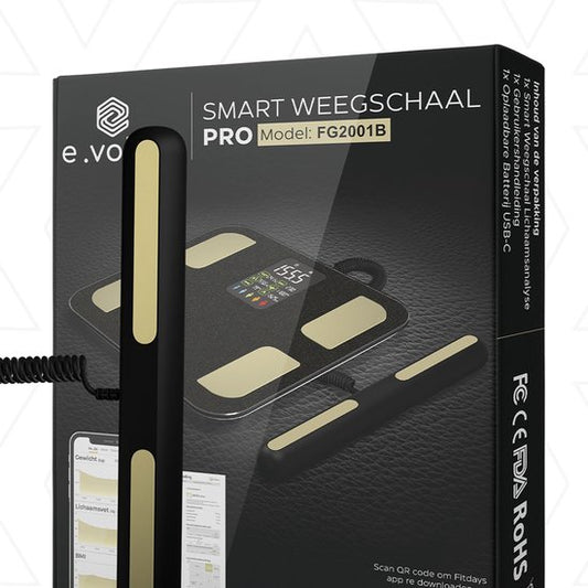 e.volve Scales Pèse-personne numérique - Noir - Pèse-personne intelligent avec analyse corporelle 27x incluant le pourcentage de graisse - App. incluse.