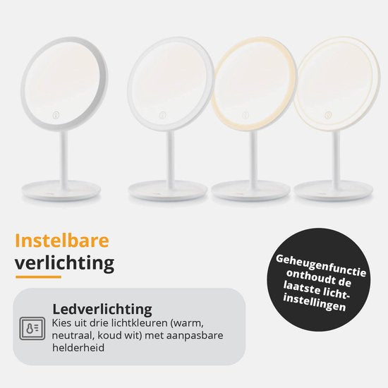 ETA Fenité Miroir de maquillage avec éclairage - grossit 5 fois par magnétisme - inclinable et rechargeable via USB-C - couleur de la lumière réglable - Ø20 cm - blanc