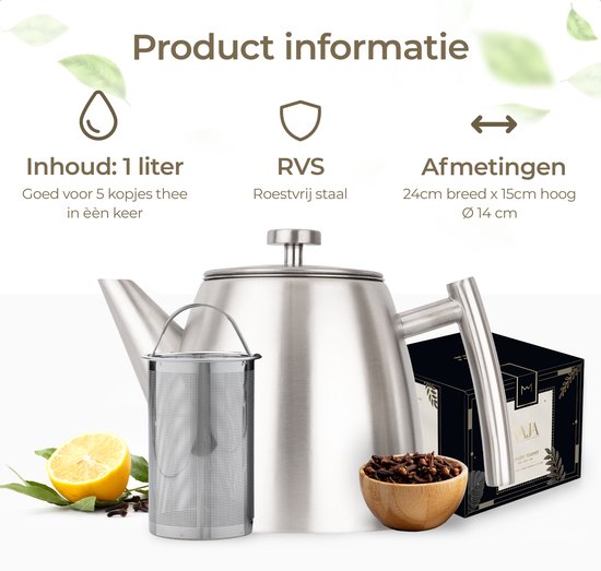 Vaja® Théière Camille Silver - Double paroi - 1 litre - Théière en acier inoxydable avec filtre et chauffe-plat