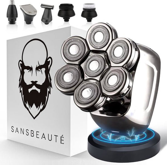 Rasoir 6-en-1 pour homme - Tondeuse - Tondeuse - Sansbeauté® SkullSharp PRO - Rasoir électrique pour visage et tête - Rasoir de crâne - Rasage de tête - humide et sec - Chargement sans fil - Électrique