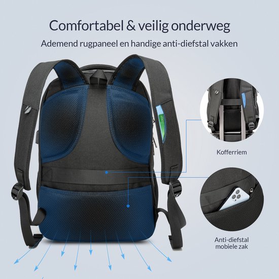NOHRD Laptop Backpack - Black - Anti Theft - Laptop Bag 15.6 inch - USB Charging Station - Backpack Ladies & Men - Water Repellent - Schoolbag Girl & Boys - Bookbag with Laptop compartment