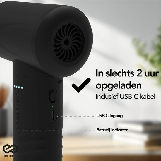 Infinity Goods Souffleur d'air 4-en-1 - Air comprimé - 53K RPM - Souffler et aspirer - Air comprimé - Sans fil et rechargeable - Noir