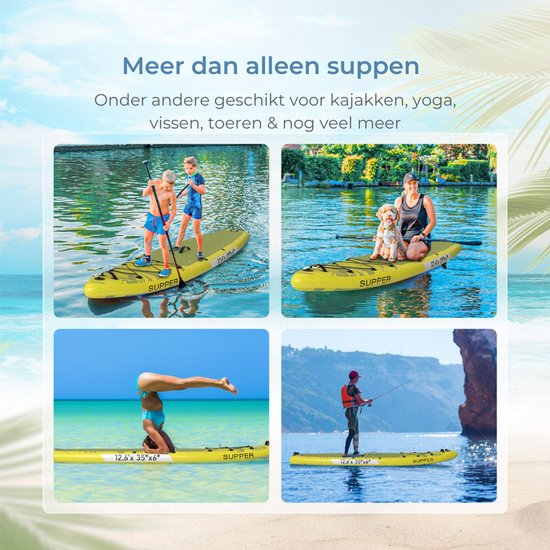 Supper Sup Board XL - Max. 220KG - Gonflable - Planche à pagaie - Pagaie réglable - Etui de téléphone étanche - Pompe - Palmes - Leash - Sac de transport - Touring 381 x 81 cm - Vert lime