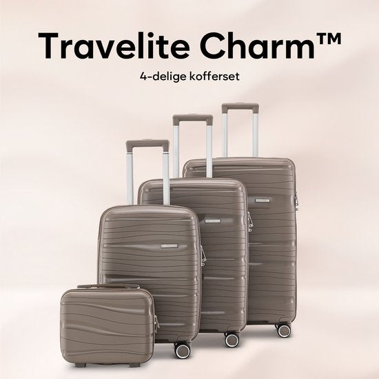 SKYCASES Travelin' Charm 4-Piece Trolley Set - Hand Luggage & Check-in Suitcases - 32L/60L/98L - Number Lock - 360° Noiseless Wheels - Lightweight & Sturdy - Modern Design - Champagne