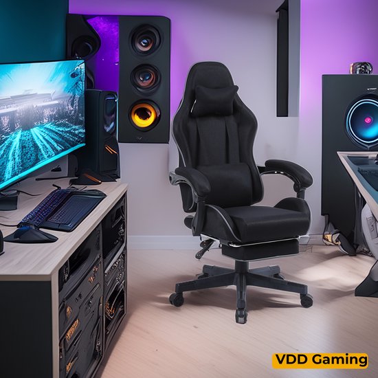 VDD Gaming - Fauteuil de jeu avec fonction de massage et repose-pieds - Fauteuil de jeu de couleur noire - Fauteuil de jeu avec coussin pour la nuque et dossier réglable - Fauteuil de bureau ergonomique avec accoudoirs rembourrés - Capacité de charge maxi
