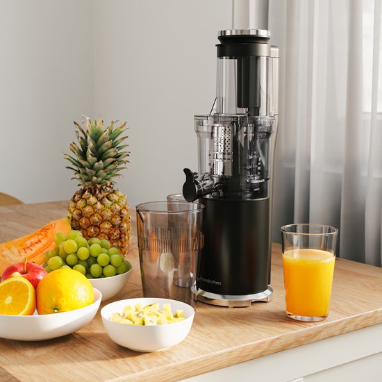 KitchenBrothers Slowjuicer - Vertical - Presse-agrumes - Presse-légumes et fruits - 80 mm - 750 ml - Noir