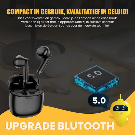 Golden Sound - Ecouteurs sans fil - Bluetooth 5.1 et adaptation universelle - avec étui de chargement et fonctions Smart Touch - pour le sport et les appels mains libres - plastique noir