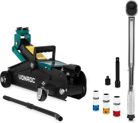 VONROC Kit de changement de pneus - Cric voiture 2000 kg - Clé dynamométrique ½" - Jeu de 3 douilles inclus