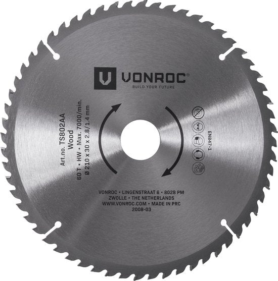Lame de scie VONROC - 210mm - 60 dents - pour le bois - convient aux scies à table et aux scies à tronçonner