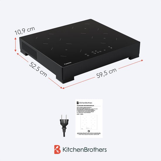 KitchenBrothers Table de cuisson à induction - Table de cuisson à induction autoportante - 60 cm - 4 zones - 1 phase - jusqu'à 2400W - noir