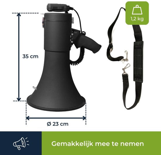 Mégaphone Velleman 50W avec sirène, batteries incluses, enregistrement 700s, réglage du volume, Bluetooth, USB, microphone à main, portée 1200m, 120dB, design ABS portable, noir mat