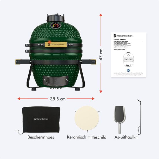 KitchenBrothers Kamado BBQ - 13 Inch Charcoal Barbecue - 27⌀ cm - sans PFAS - Deluxe Set - Egg BBQ with Accessories including Cover - Vert