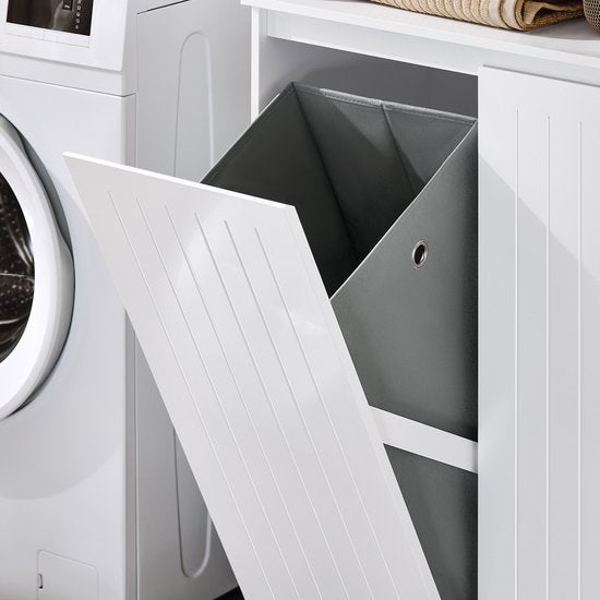 SoBuy BZR150-W Armoire haute de salle de bain avec sac à linge, armoire de salle de bain avec portes, 2 paniers à linge amovibles, étagères réglables, compartiments