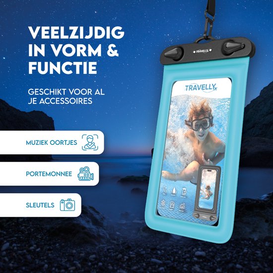 Travelly® Waterproof Phone Case Set of 2 - Universal Underwater Case for Smartphone - Convient à tous les téléphones - Drybag - Pour les vacances, la natation et les sports nautiques - Noir/Bleu