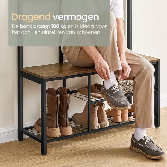 O'DADDY® Clothes Rack With Mirror - Porte-manteau - Shoe Rack - Coat rack upright - Vintage Look - Black and Brown - Shoe Rack - Coat racks