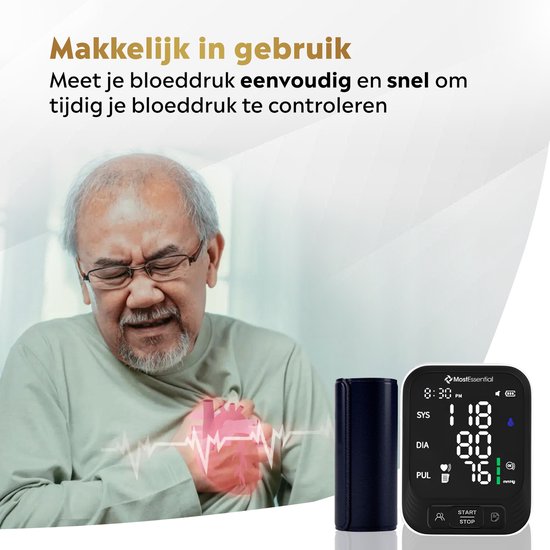 MostEssential Moniteur de pression artérielle au bras - Moniteur de fréquence cardiaque - Mémoire de 398 lectures - Câble USB-C inclus - 30S