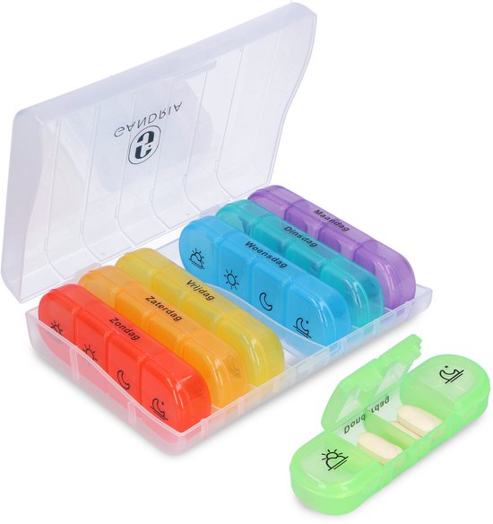Pilulier Gandria 7 jours - Pilulier amovible - Boîte à médicaments avec 28 compartiments - Boîte à médicaments avec fermeture solide - 4 compartiments par jour - 7 couleurs