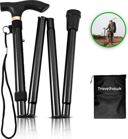 Bâton de marche Travelhawk - réglable et pliable - noir - sac de rangement inclus - bâton de marche pour personnes âgées