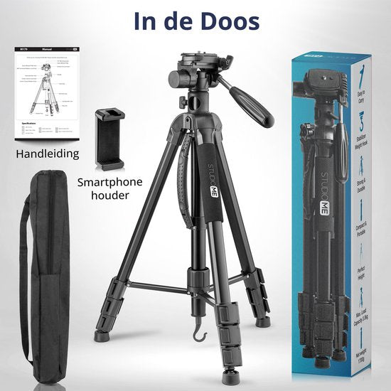 Studio ME Phone Tripod - 179 cm - Camera Tripod - Black - Monopod - Tripod Smartphone - Phone Holder - Tripod Iphone - Tripod Phone / Camera / DSLR