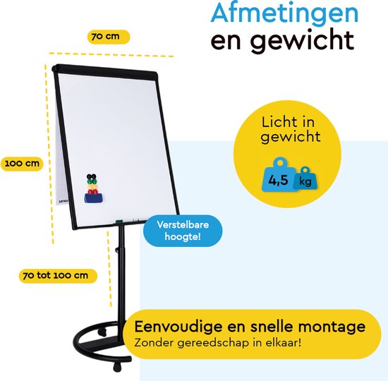 BRASQ Flipchart Mobile Deluxe -70x100 cm - Tableau blanc ajustable - 25 feuilles de papier et accessoires inclus - avec bras extensibles - Tableau magnétique avec crochets - Tableau magnétique - Noir