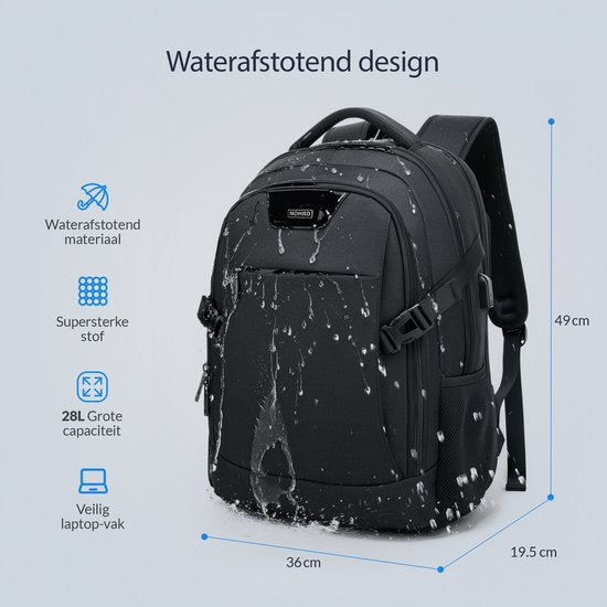 NOHRD Laptop Backpack - Black - Anti Theft - Laptop Bag 15.6 inch - USB Charging Station - Backpack Ladies & Men - Water Repellent - Schoolbag Girl & Boys - Bookbag with Laptop compartment