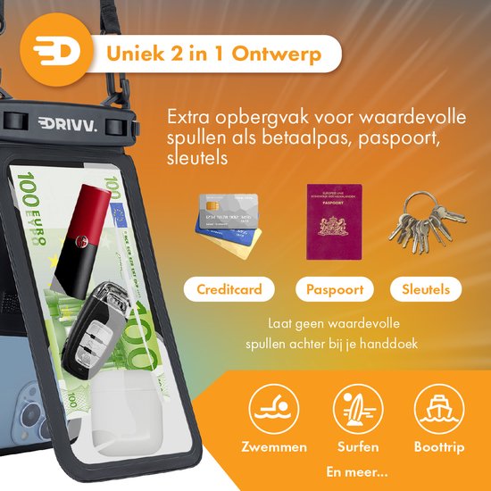 Drivv. Étui étanche pour téléphone 2 en 1 avec cordon - Universel jusqu'à 6,7 pouces - Étui étanche pour téléphone - Noir