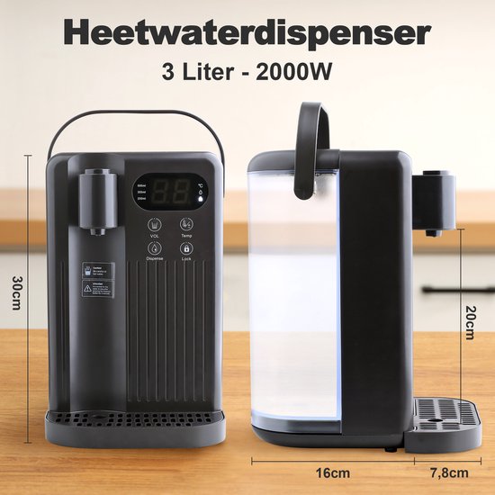 Nimma Distributeur d'eau chaude - 3 litres - 40-100℃ - Robinet d'eau chaude - 200/350/500 ml - Bouilloire instantanée - Noir