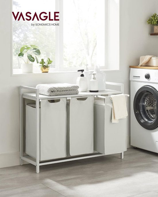 VASAGLE - Panier à linge, panier à linge sale, avec 3 compartiments et 3 poches amovibles en tissu Oxford, plan de travail, cadre métallique - 3 x 38 litres, 92,5 x 33 x 72 cm, blanc BLH301W01