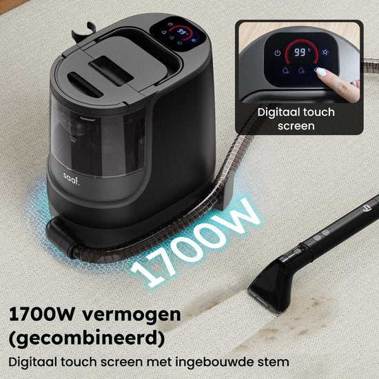 Nettoyeur de taches - Set de 7 pièces - Nettoyeur de tapis avec fonction vapeur - Inc. Détachant - Nettoyeur à vapeur - jusqu'à 100°C - Noir - par Saaf