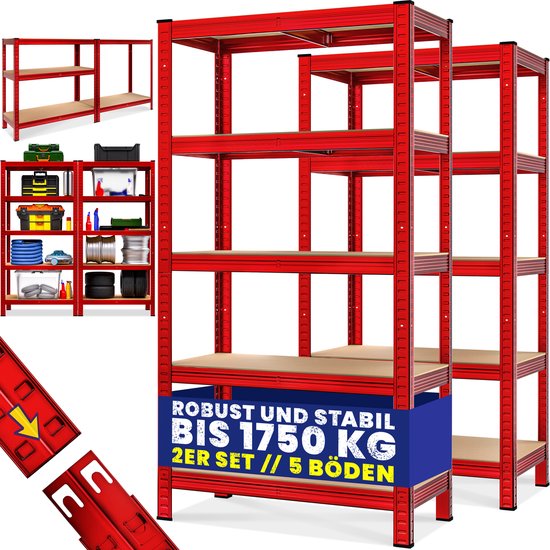 Armoire à rayonnages Lot de 2 - 180x90x40cm Chargeable jusqu'à 1750kg - Rouge