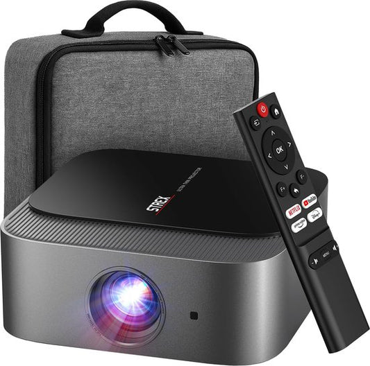 Strex Beamer - Projecteur Smart 1080P Full HD - Support 4K - WiFi & Bluetooth - Haut-parleurs intégrés - Mini Beamer Portable Home Cinema - WhaleOS - Sac de rangement inclus
