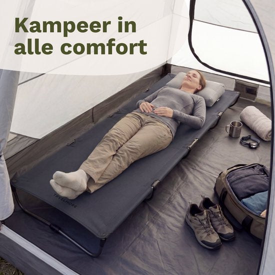TRVLMORE Lit de Camp pliable - Capacité de charge 120KG - Lit de camping avec sac de transport - Brancard 1 personne - Structure en acier - 193x66x15 cm - Gris