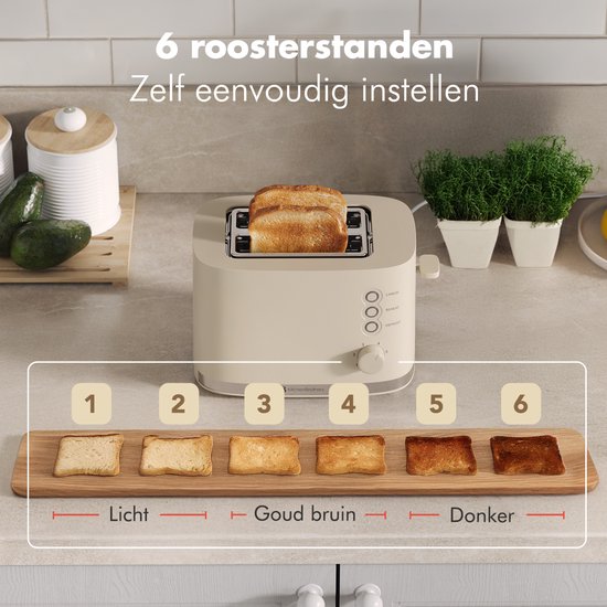 Grille pain - KitchenBrothers - Toaster - 6 niveaux de chaleur - 2 fentes extra-larges - 870W - Beige