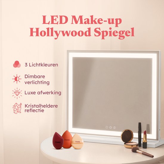 Fraay® Hollywood Mirror with Lighting 60x50cm - 3 Light Stages - Make-up Mirror with 10x Magnification Mirror - LED Strip Lighting Dimmable - Incl. 2 Beauty Blenders and Powder puff