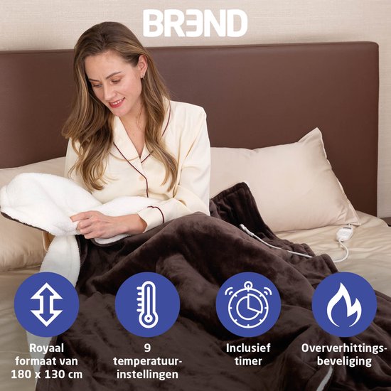 BREND BR-2219 Couverture électrique avec 9 réglages de température - Couverture en flanelle - Plaid chaud pour canapé et lit - 180 x 130 cm - Marron/Blanc