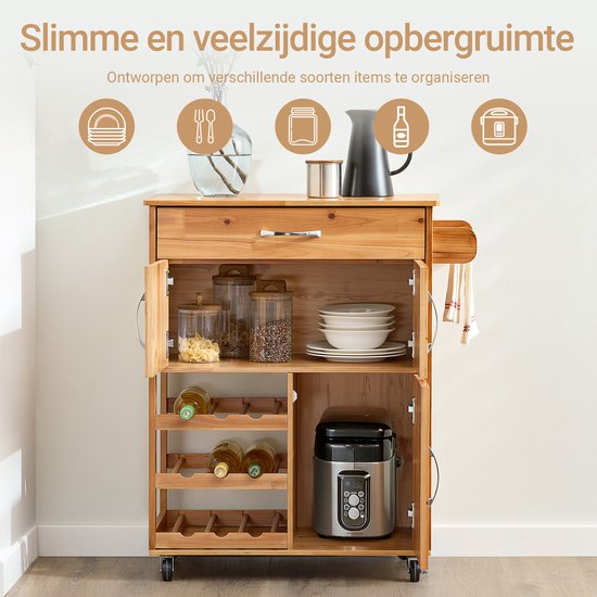 SoBuy Chariot de cuisine avec tiroirs et casier à vin, meubles de cuisine sur roues avec plan de travail, îlot de cuisine compact, couleur naturelle, 66×38×86 cm - FKW45-N