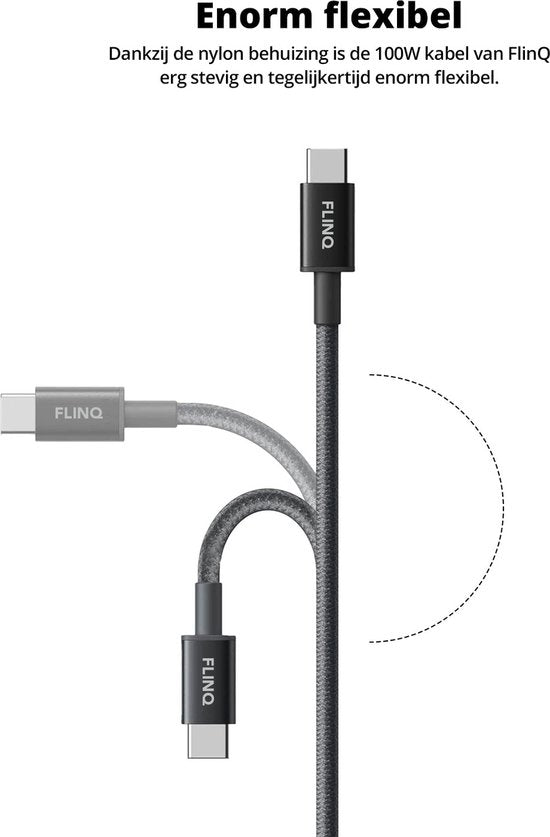 FlinQ - 2x USB C to USB C Cable 100W - Chargeur rapide pour Smartphone, Tablette - Câble de données et chargeur - Câble de charge en nylon de 2 mètres de long