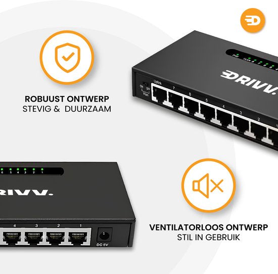 Drivv. Commutateur réseau - 8 ports - Commutateur Internet - Répartiteur RJ45 - noir