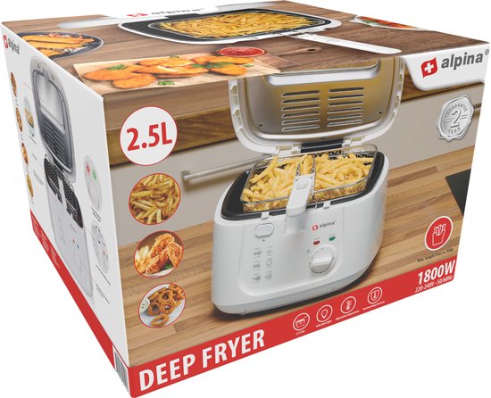 alpina Fryer 2.5 Liter - Friteuse avec couvercle - 1800W - Blanc
