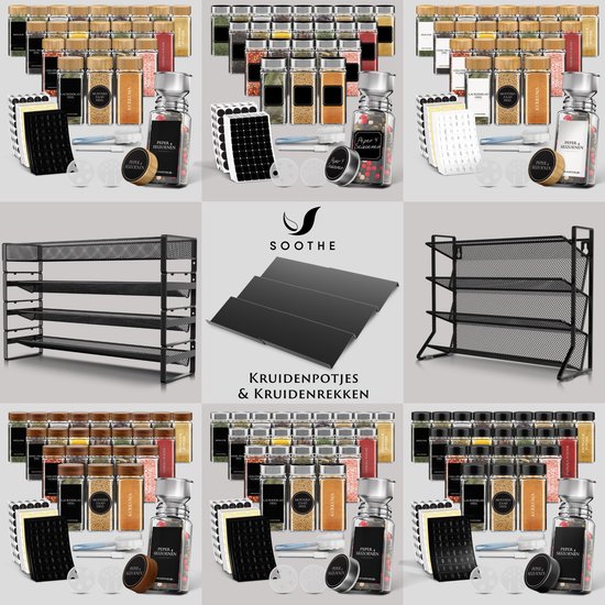 Soothe 24 pots à épices carrés en verre avec couvercle en bambou - 2 types de couvercles à saupoudrer - Spice Spreader - pots à épices - Set complet avec stickers à épices, stick à craie et accessoires - 120ml