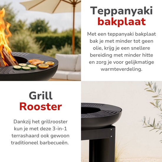alpina 3-in-1 Fire Pit and Griddle - Foyer de jardin 61 x 90 cm - avec gril Teppanyaki - Plancha BBQ avec rangement pour le bois de chauffage - Foyer d'extérieur - Métal