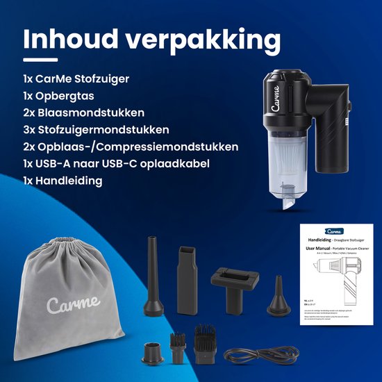 CarMe Aspirateur de voiture 2-en-1 - Aspiration et soufflage - Dépoussiéreur - 7 accessoires - Rechargeable - Aspirateur à main - Airduster - Noir