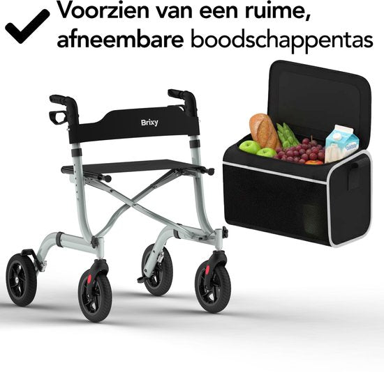 Rollator Brixy - Léger et pliable - Fonction siège - Dossier, sac et support de canne - Gris