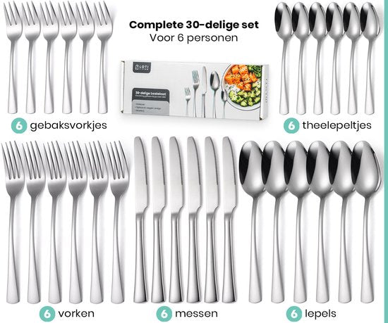 Loti Living Set de couverts 30 pièces - 6 personnes - Set de couverts 6 personnes - Cuillères, couteaux, fourchettes, fourchettes à gâteau - Couverts lavables au lave-vaisselle - Acier inoxydable de haute qualité - acier inoxydable