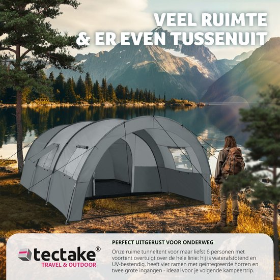 tectake® - Tente tunnel Roskilde - 6 couchages, avec auvent et tapis de sol - 404825