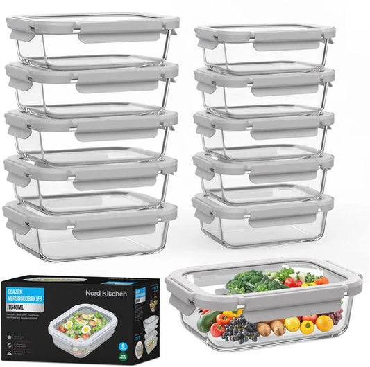Nord Kitchen Preserving Trays Set - with Glass Steam Lid - Meal Prep Trays - Freezer Trays Full Glass - Airtight - 10 Pieces - 1040 ML + 370ML