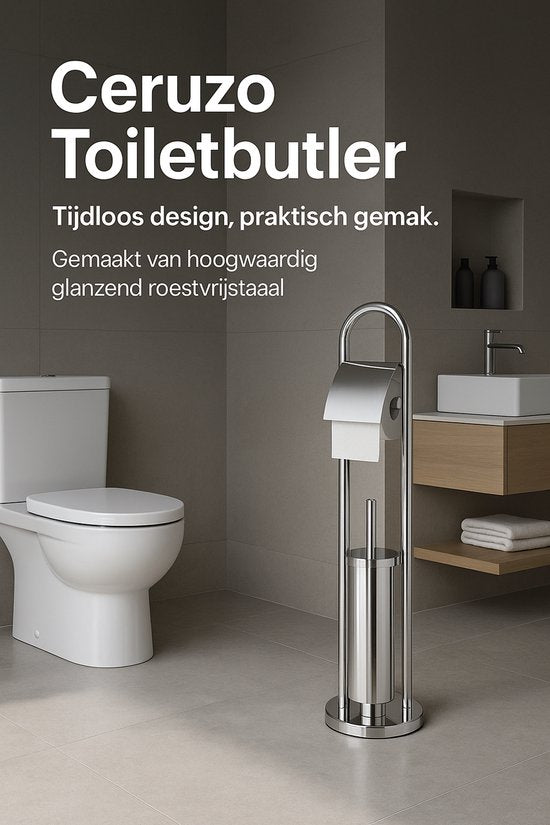 Ceruzo Toiletbutler Freestanding - Stainless steel - Shiny-80 cm - WCRoll Holder + Brush - Luxury Bathroom Accessory